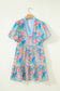 Multicolour Floral Print Contrast Scallop Striped Trim V Neck Dress