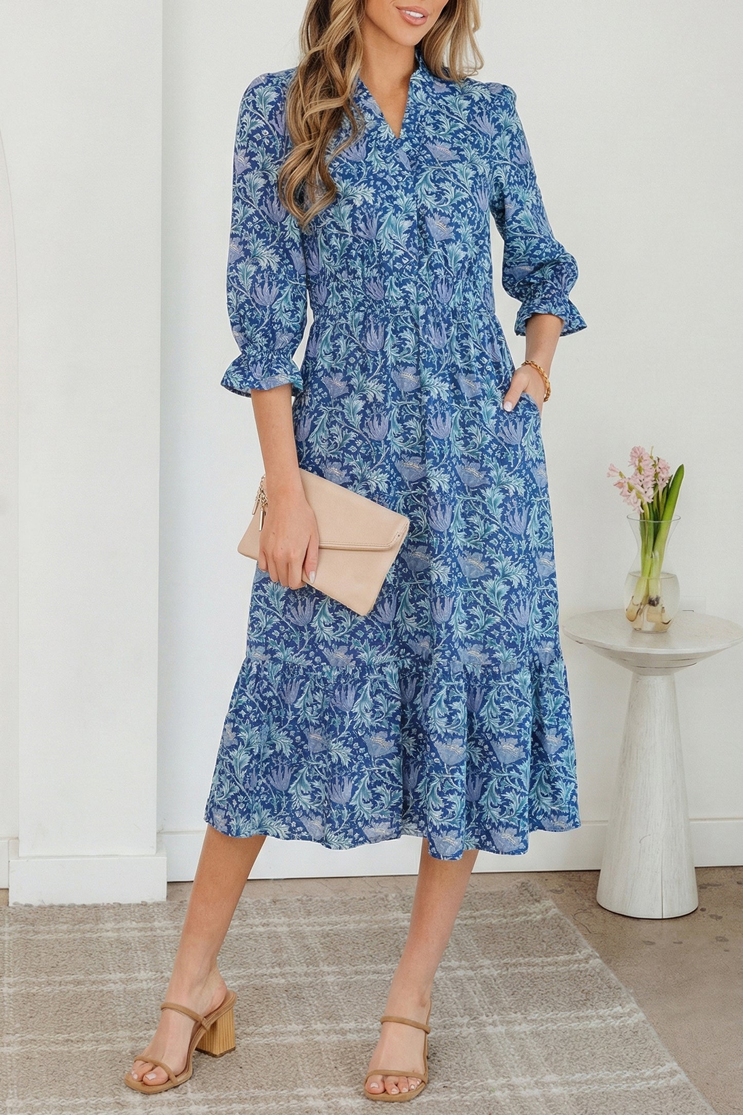 Brown Floral Printed Frilled V Neck Bracelet Sleeve Long Dress