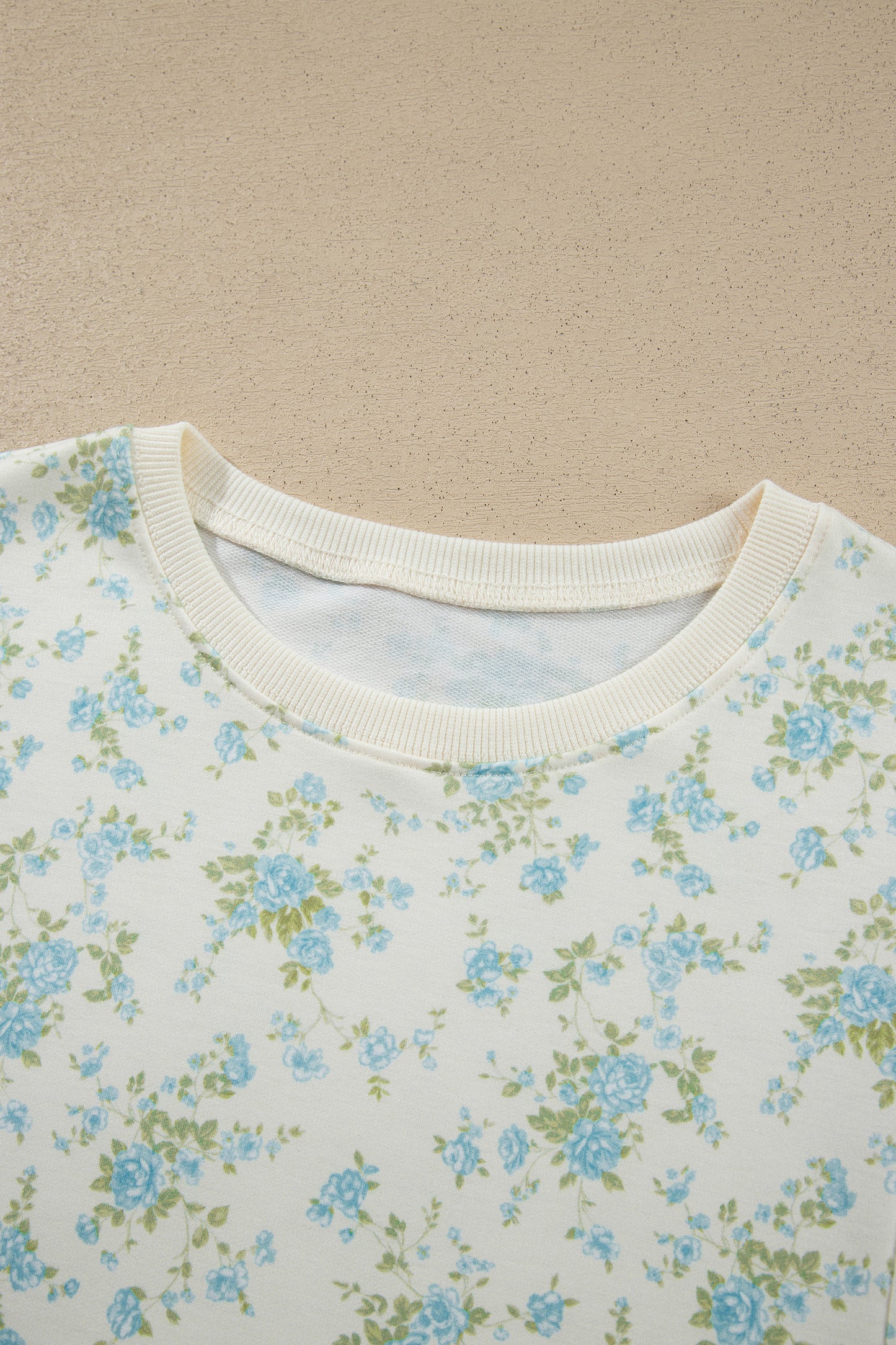 Sky Blue Floral Print Short Sleeve Elastic Waist Pocket Casual Two Piece Short Sets
