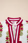 White Floral Short Bubble Sleeve Contrast Slit Neckline Blouse