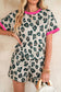 Rose Unique Leopard Print Contrast Trim Top Loose 2pcs Short Set