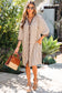 Khaki Stripe Square Button Leopard Trim Loose Bracelet Sleeve Shirt Dress
