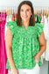 Green Floral Flutter Sleeve Shirred Notched Neck Plus Size Blouse