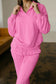 Bright Pink Polo Collar V Neck Pullover and Drawstring Sweatpants Set