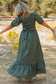 Green Plaid Square Neck Shirred High Waist Ruffle Hem Dress