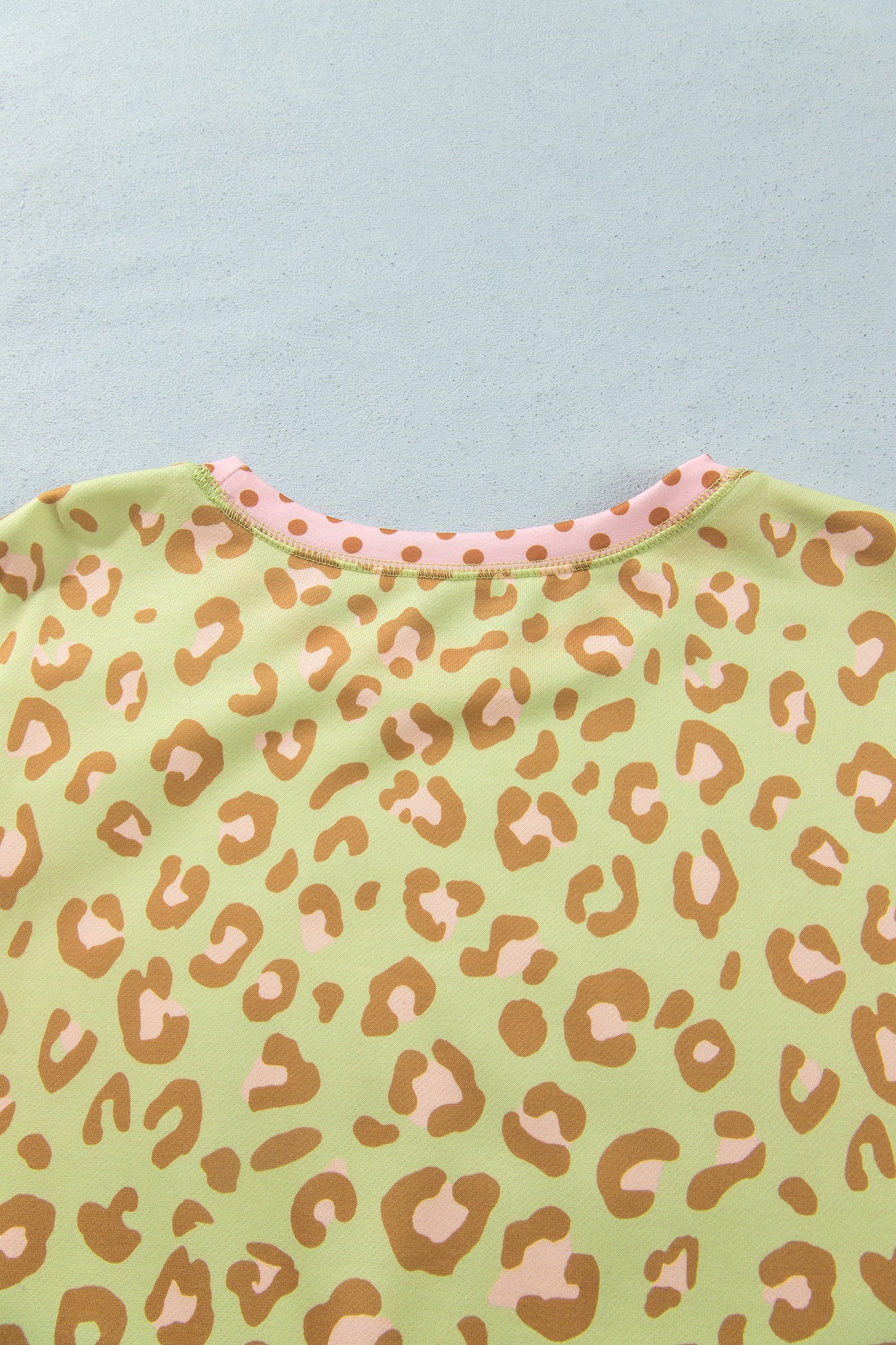 Brown Plus Size Leopard Print Contrast Polka Dot Trim Long Sleeve Top