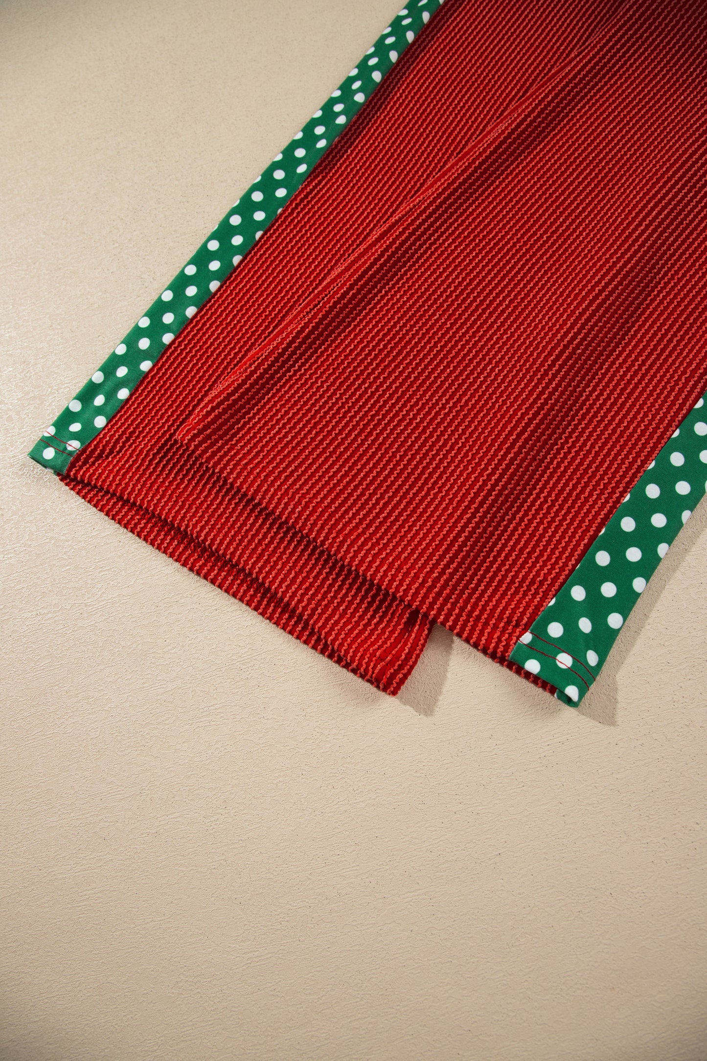 Red Cozy Ribbed Patchwork Polka Dot Trim Long Sleeve 2pcs Pant Set