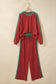 Red Cozy Ribbed Patchwork Polka Dot Trim Long Sleeve 2pcs Pant Set