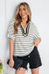 Black Stripe Stand Collar V Neck Elastic Cuffs Half Sleeve Dolman Top