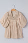 Brown Stripe Shirred V Neck Short Puff Sleeve Blouse