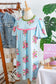 Sky Blue Floral Printed Contrast Ricrac Detail Bubble Sleeve Dress