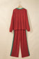 Red Cozy Ribbed Patchwork Polka Dot Trim Long Sleeve 2pcs Pant Set