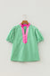 Green Gingham Plaid Bubble Sleeve Colorblock Trim V Neck Blouse