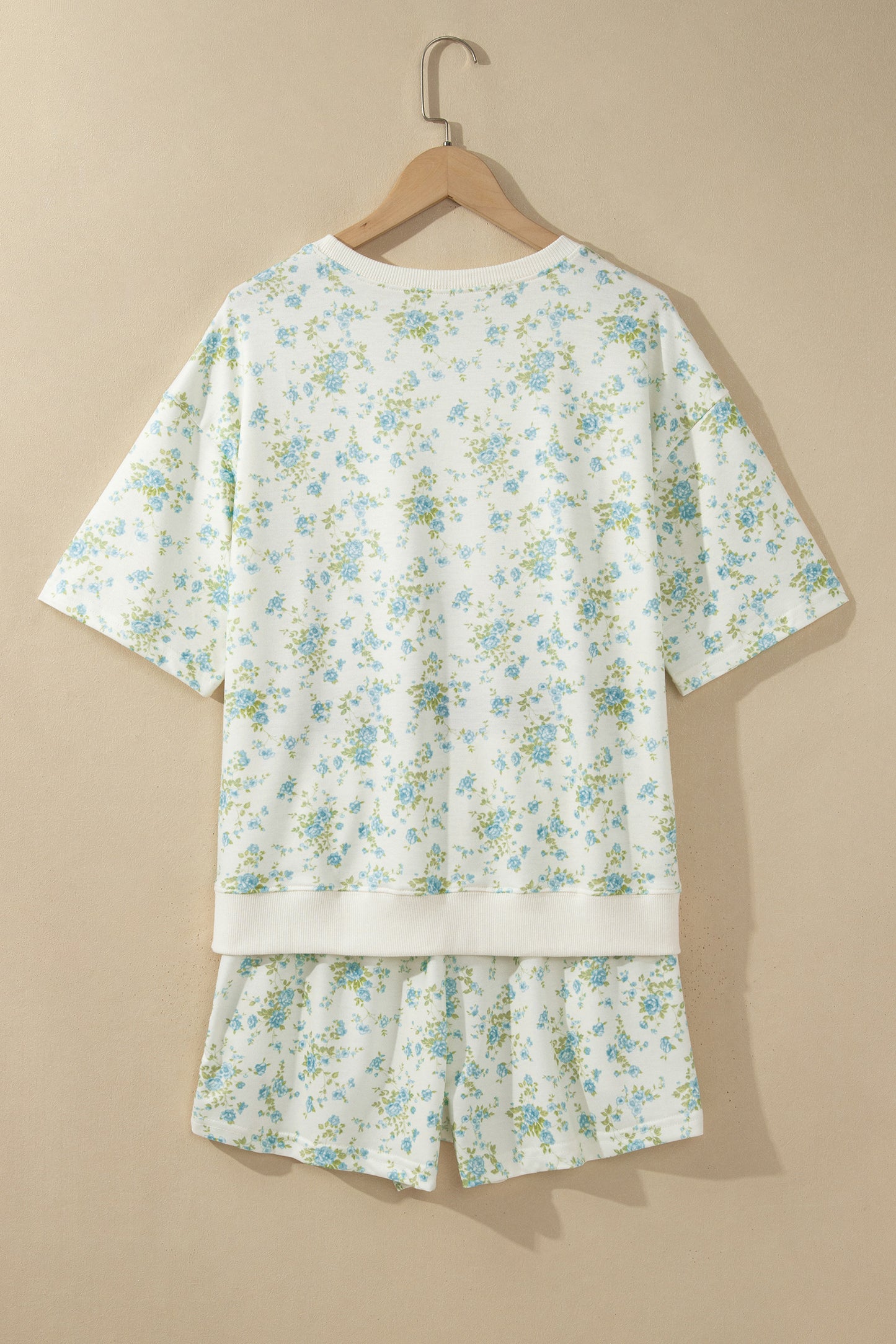 Sky Blue Floral Print Short Sleeve Elastic Waist Pocket Casual Two Piece Short Sets