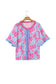Rose Floral Print Ruffled Color Block Trim Half Sleeve Blouse