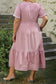 Pink Plus Size Swiss Dot Short Sleeve Smocked High Waist Flowy Midi Dress