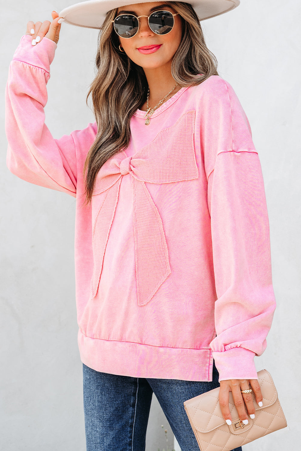 Light French Beige Mineral Wash Big Bow Patchwork Pullover Sweatshirt