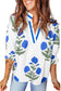 Green Casual Wild Flower Print V Neck 3/4 Sleeve Blouse