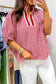 Green Plaid Short Sleeve Colorblock Trim Split Neck Blouse