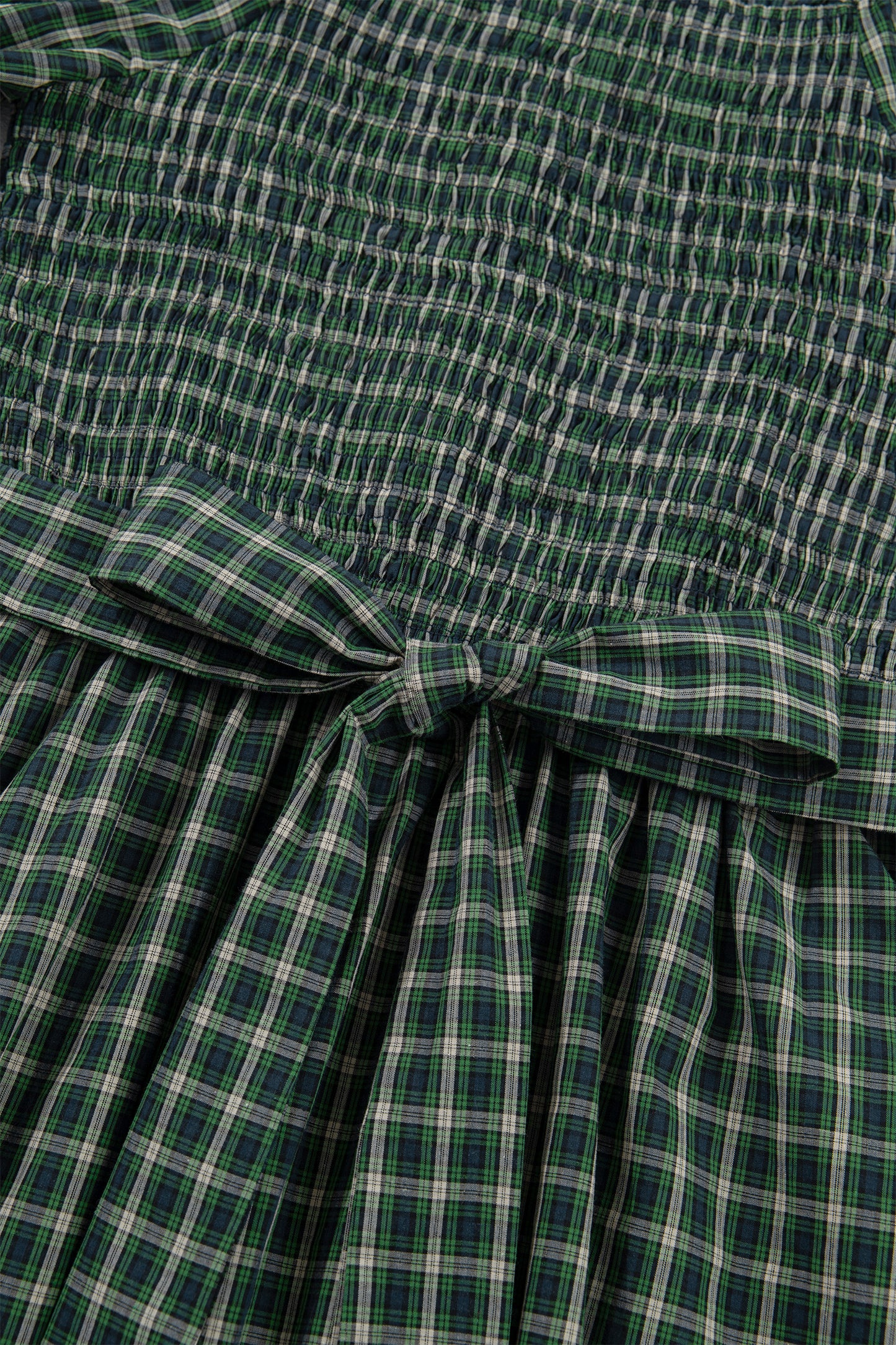 Green Plaid Square Neck Shirred High Waist Ruffle Hem Dress