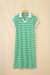 Green Stripe Collared V Neck Short Sleeve T Shirt Midi Dress with Pockets