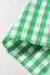 Green Gingham Plaid Bubble Sleeve Colorblock Trim V Neck Blouse