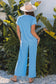 Bright Green Solid Corded Knit Short Sleeve T Shirt and Wide Leg Pants Set