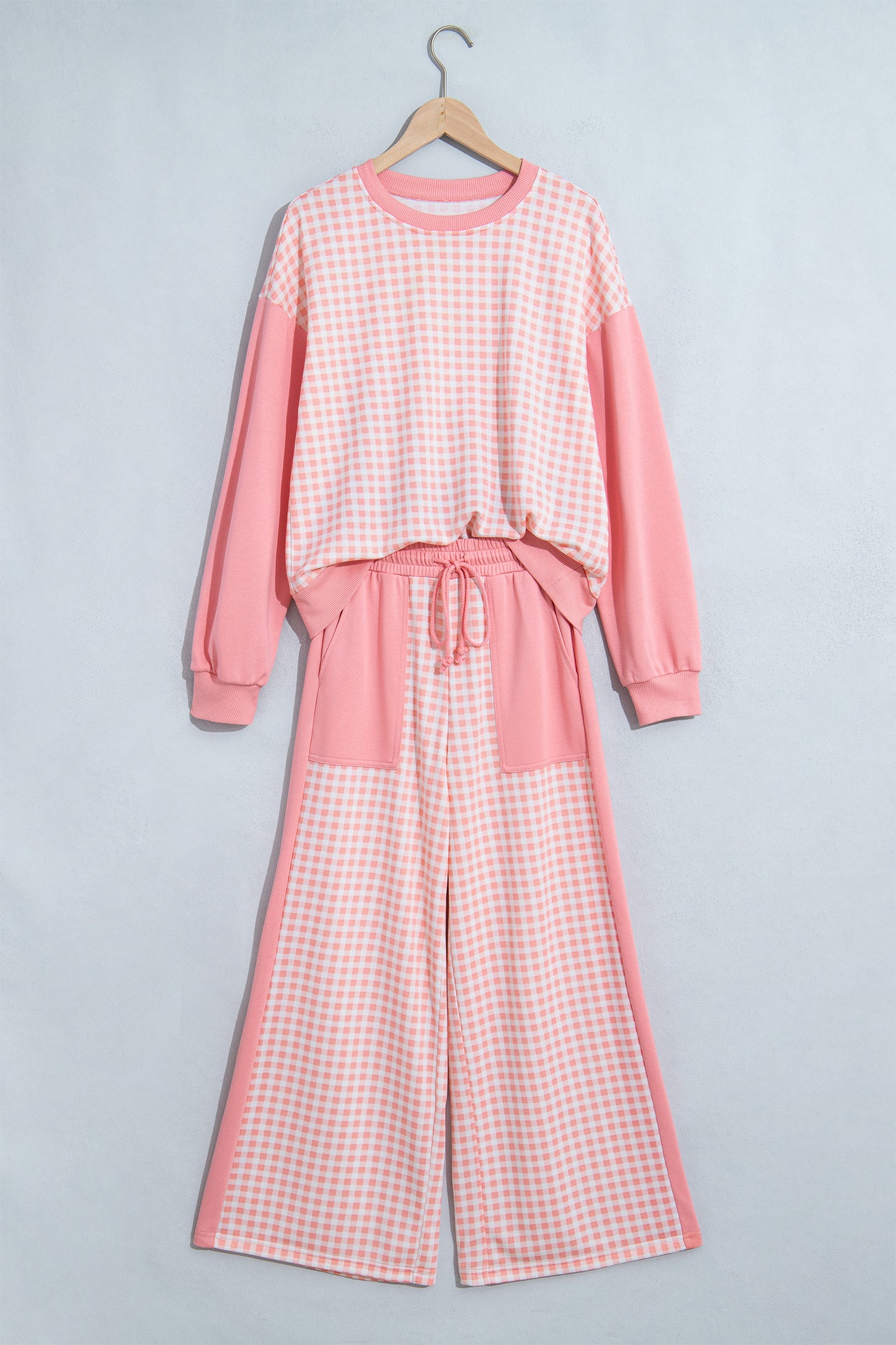 Red Color Block Plaid Patchwork Long Sleeve Pullover Wide Leg Pant Set