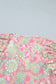 Pink Tie V Neck Floral Short Puff Sleeve Blouse