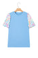 Light Blue Round Neck Textured Contrast Floral Bubble Sleeve Blouse