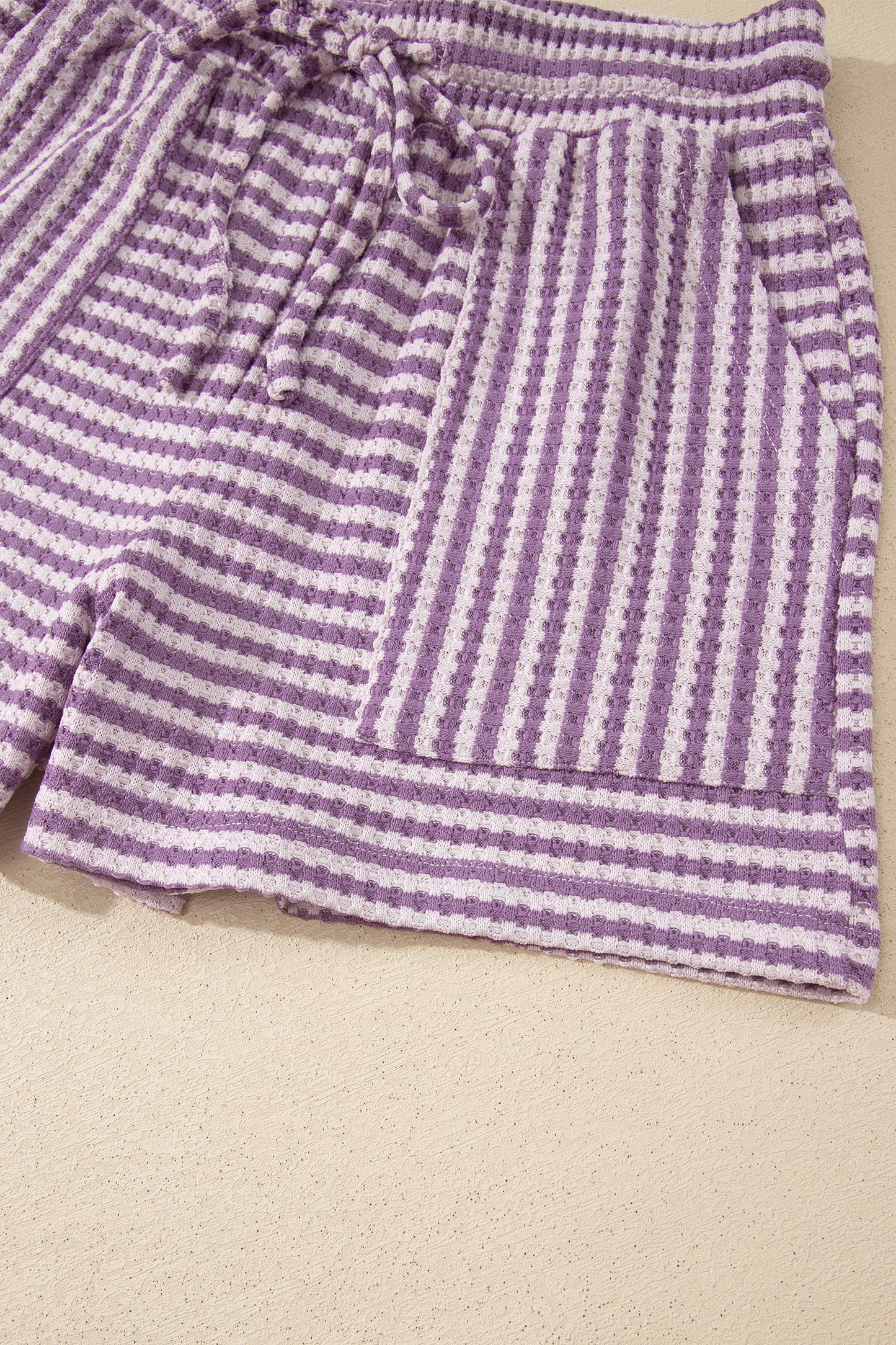 Brown Stripe Breathable Textured Knit Short 2pcs Set