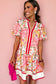 Pink Color Block Floral Print Contrast Trim V Neck Ruffle Hem Mini Dress