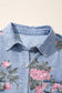 Sky Blue Denim Floral Print Cuffed Short Sleeve Button Down Shift Dress