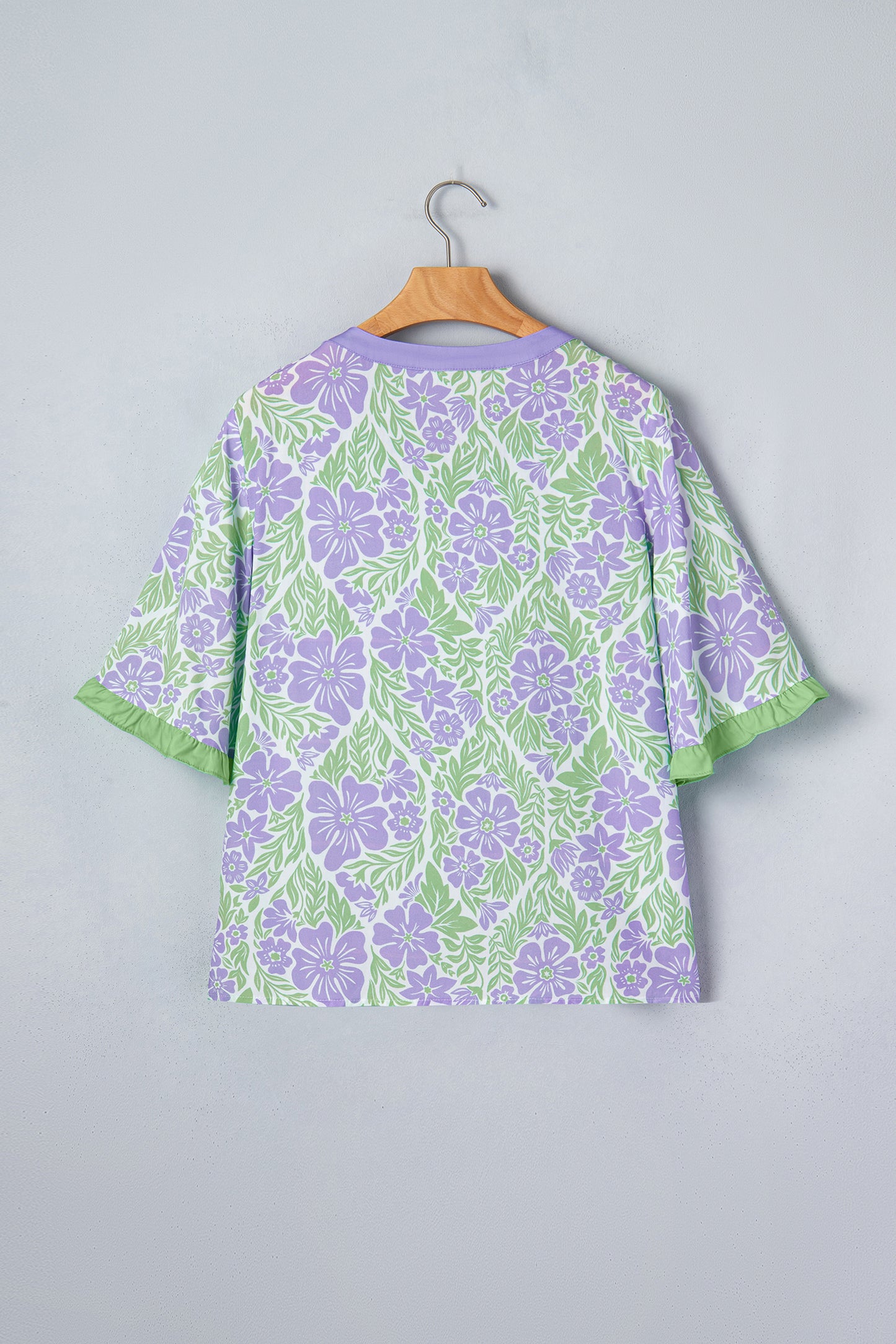 Rose Floral Print Ruffled Color Block Trim Half Sleeve Blouse