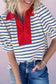 Black Stripe Short Puff Sleeve Color Block Polo Collar Blouse