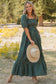 Green Plaid Square Neck Shirred High Waist Ruffle Hem Dress