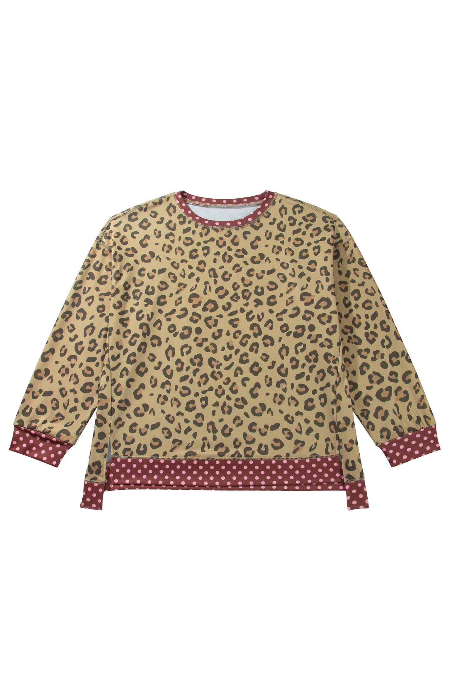 Brown Plus Size Leopard Print Contrast Polka Dot Trim Long Sleeve Top