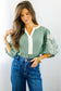 Smoke Green Color Block Patchwork V Neck Embroidered Puff Sleeve Babydoll Blouse