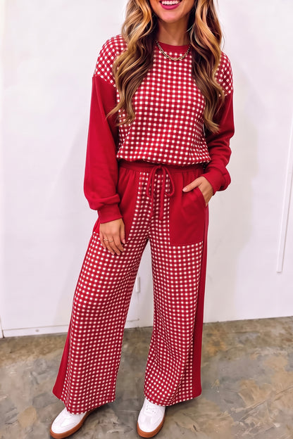 Red Color Block Plaid Patchwork Long Sleeve Pullover Wide Leg Pant Set