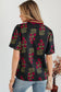 White Floral Short Bubble Sleeve Contrast Slit Neckline Blouse