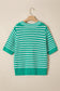 Green Stripe Short Sleeve Knit V Neck Bow Knot Sweater