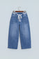 Beau Blue Solid Patchwork Grommet Tie Waist Loose Ankle-Length Jeans