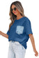 Sail Blue Color Block Chest Pocket Patched Casual Short Sleeve Top