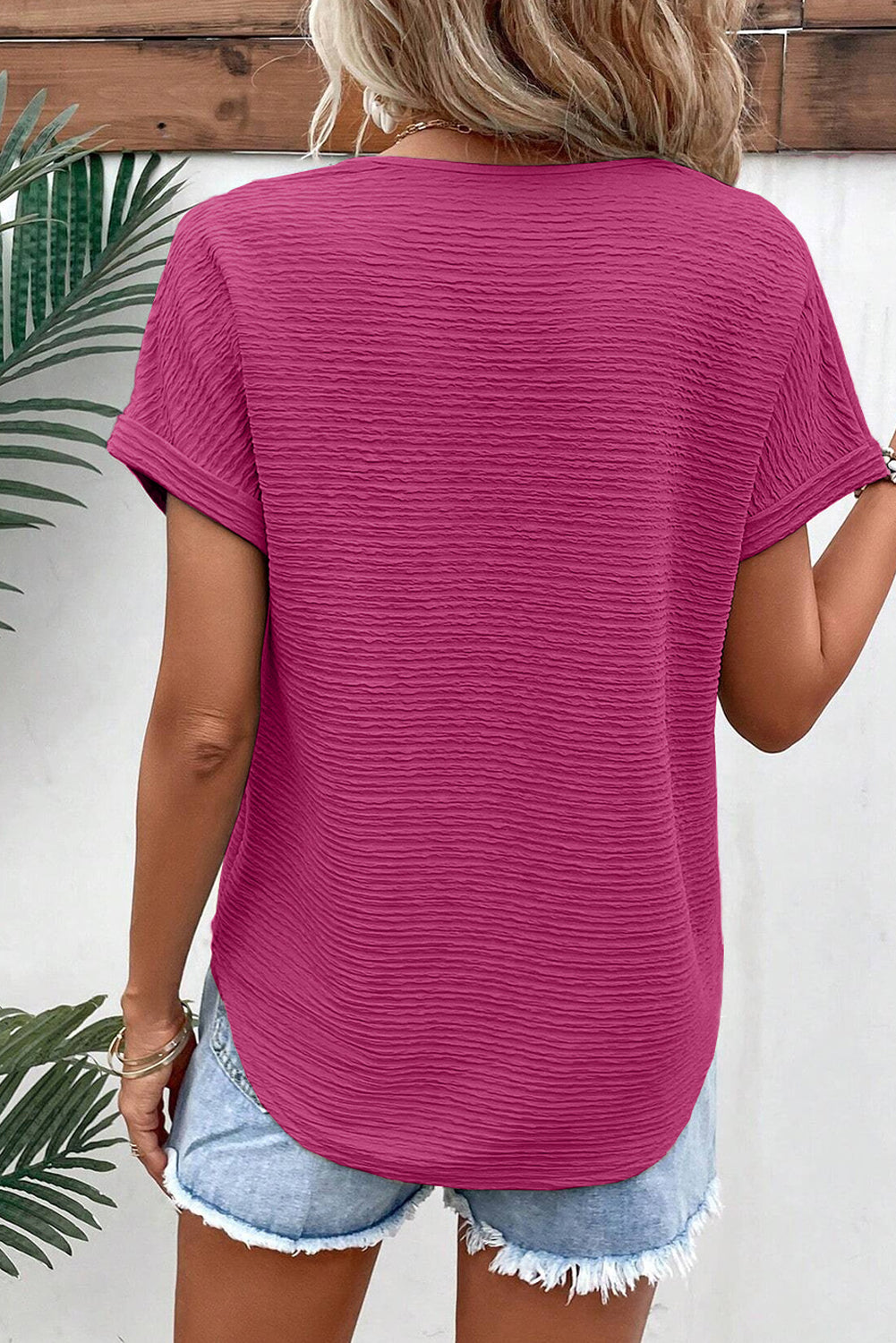 Beau Blue Textured Wide Sleeve V Neck T Shirt