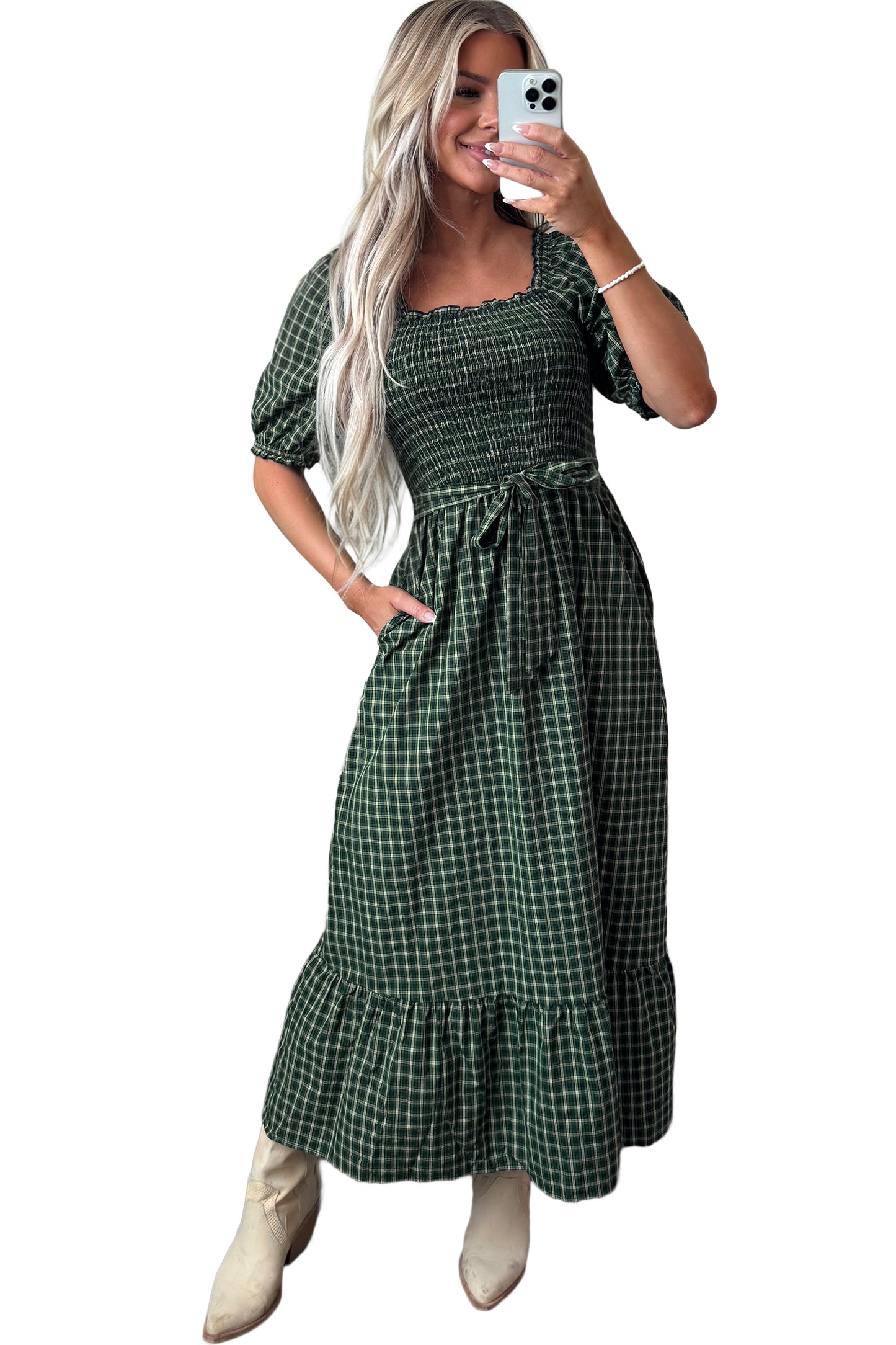 Green Plaid Square Neck Shirred High Waist Ruffle Hem Dress