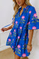 Blue V Neck Short Sleeve Loose Flower Dress