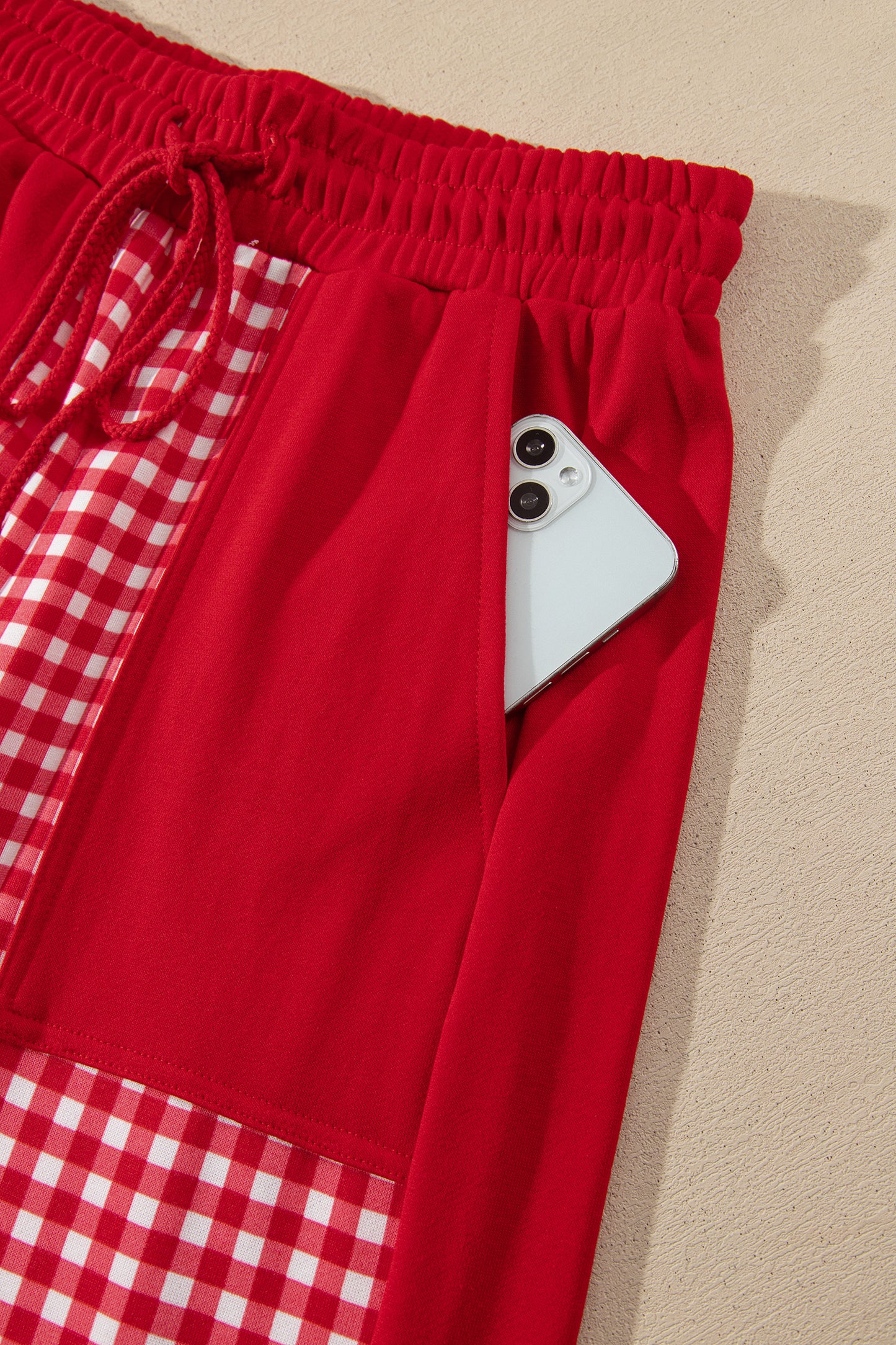 Red Color Block Plaid Patchwork Long Sleeve Pullover Wide Leg Pant Set