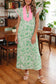 Pink Floral Print Color Block Patchwork V Neck Short Sleeve Midi Dress