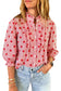 Fiery Red Polka Dot Striped Print Ruffle Stand Neck 3/4 Sleeve Shift Shirt