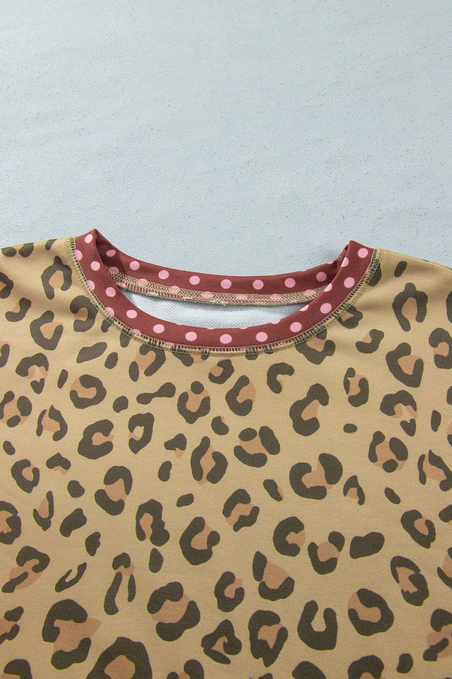 Brown Plus Size Leopard Print Contrast Polka Dot Trim Long Sleeve Top